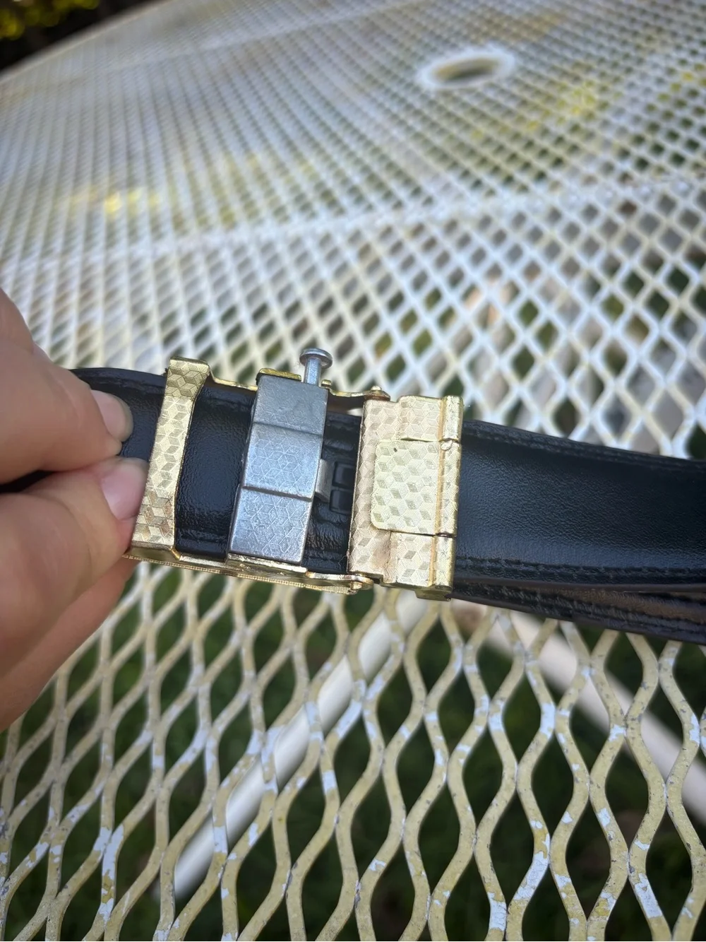 Vintage Leather Textured Brown Men's Belt with Gold Elephant Buckle with Ratchet